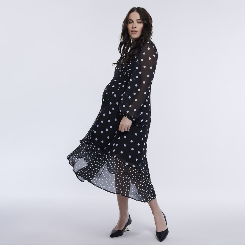 Motherhood Maternity Black Polka Dot Wrap Dress — Size L